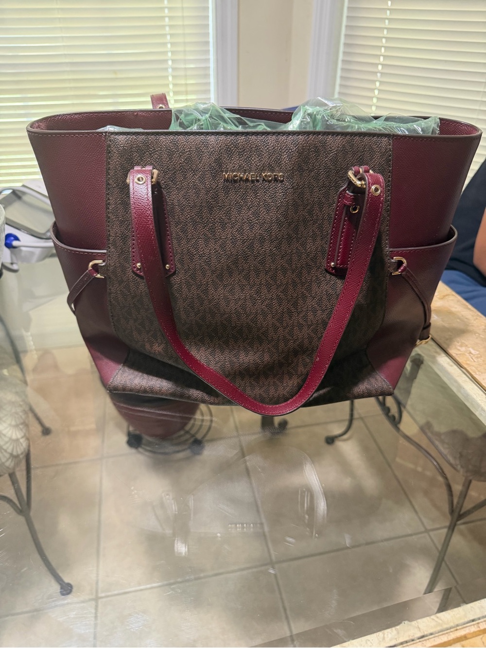 Michael Kors Brown Signature Tote with Plum Trim